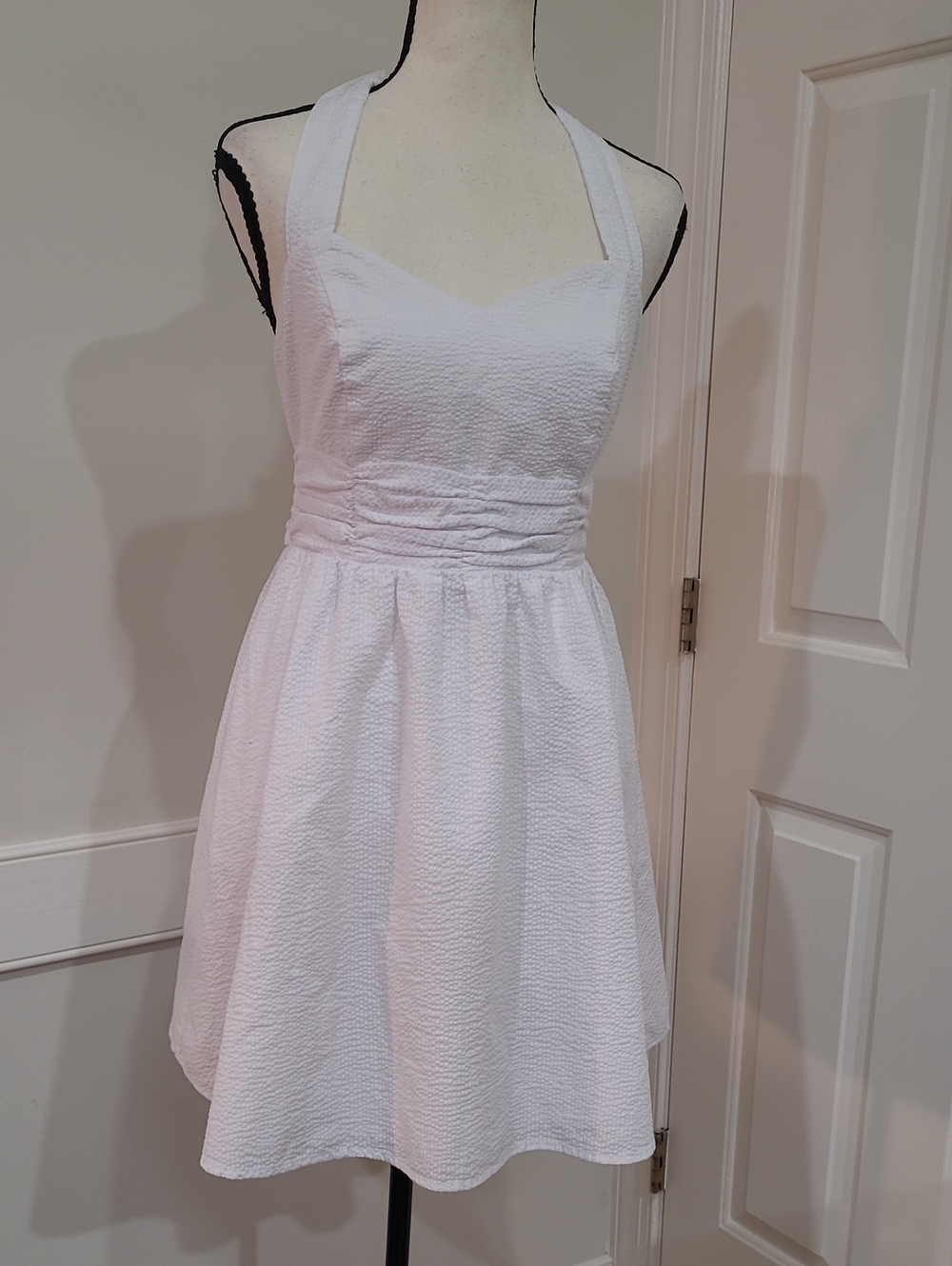 Lauren James White Stratton Seersucker Halter Fit & Flare Dress - Size M
